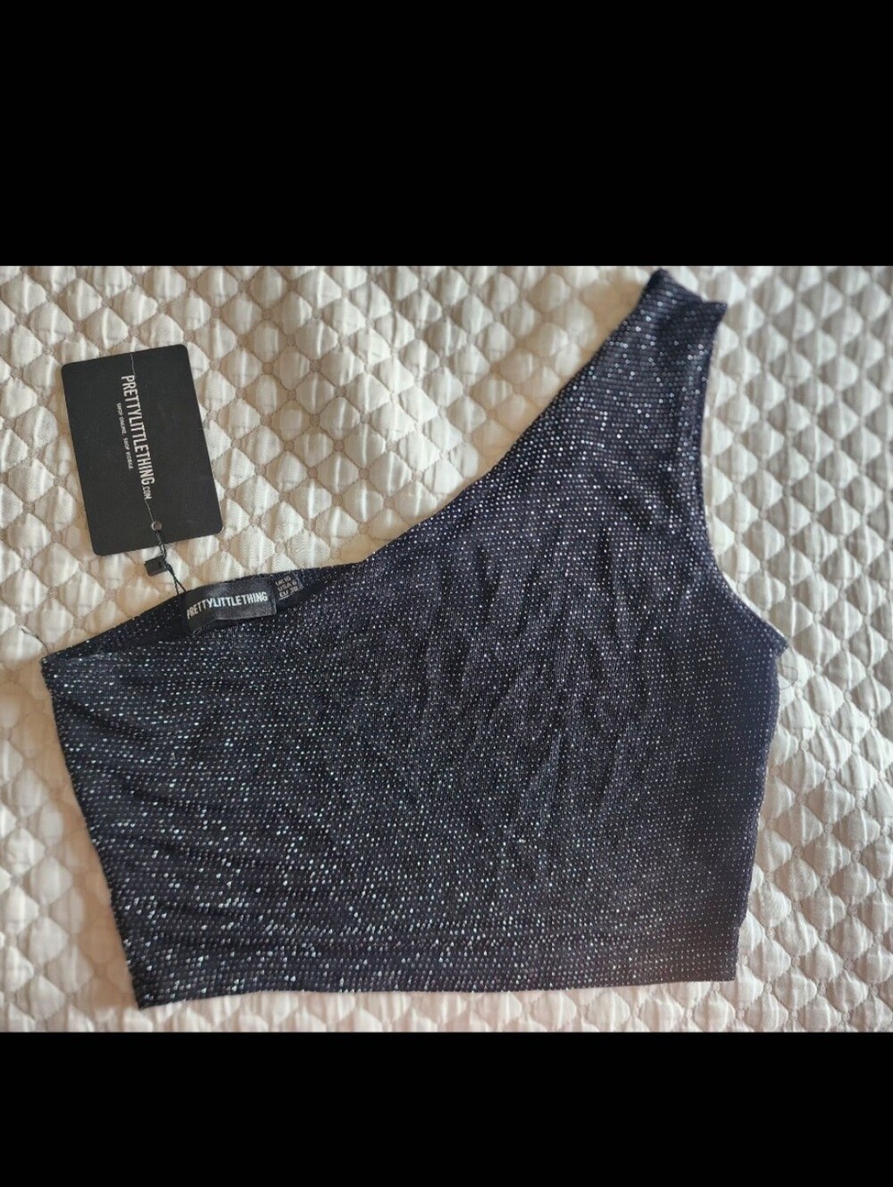 PrettyLittleThing Black One-Shoulder Sparkle Crop Top